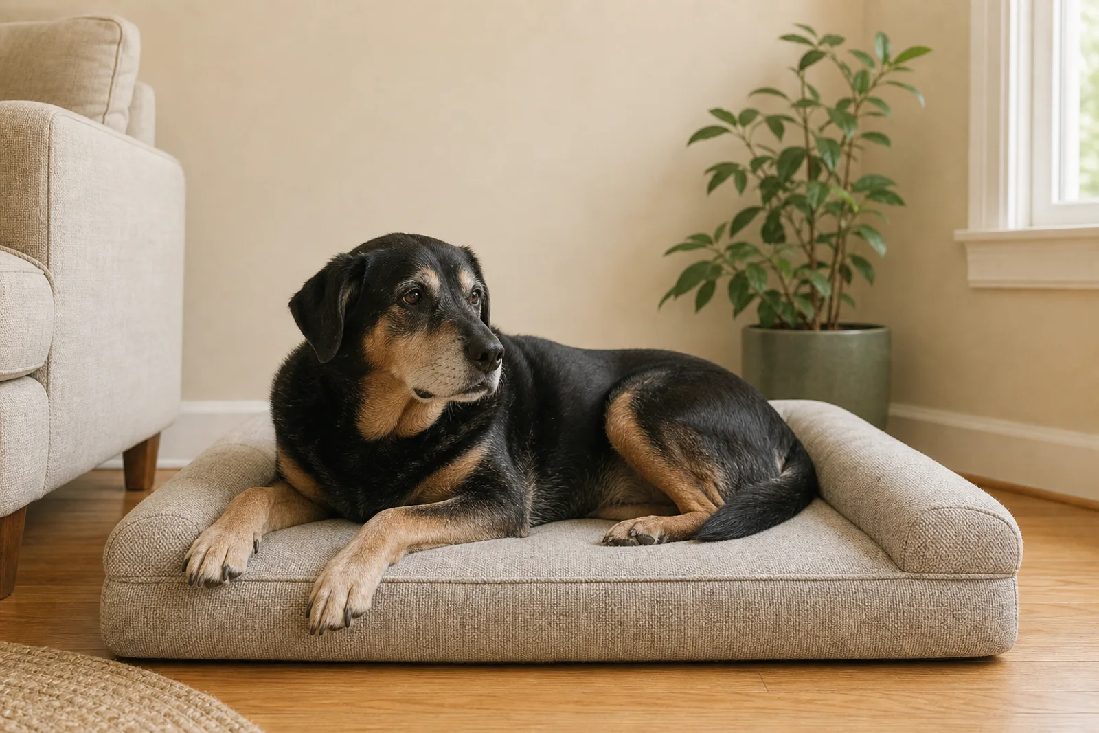 An older golden dog resting on a supportive blue bed in a sunlit room