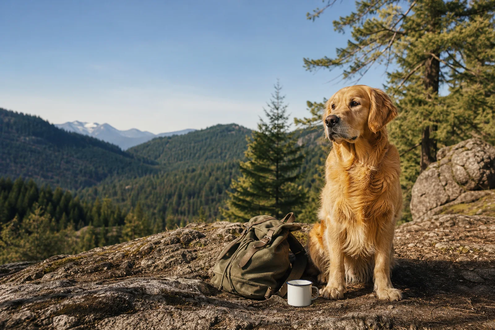 A golden dog beside a trail pack in the mountains